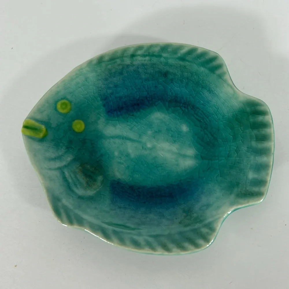 Crate & Barrel Japanese Crackle Ceramic Blue Green Fish Trinket/Kitchen Dish